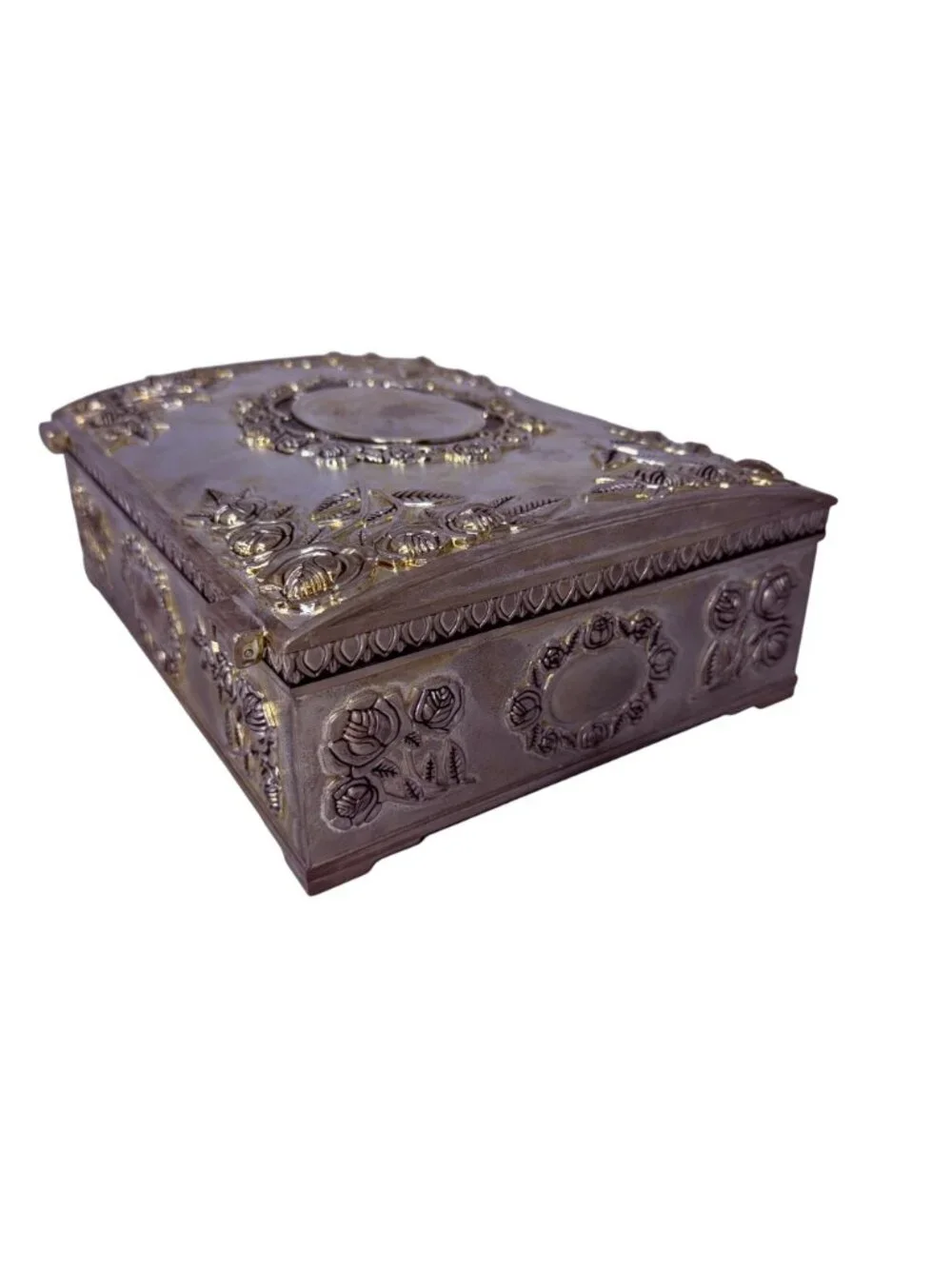 Vintage Godinger Silver Plate Jewelry Box with Roses and Red Velvet‎ Interior